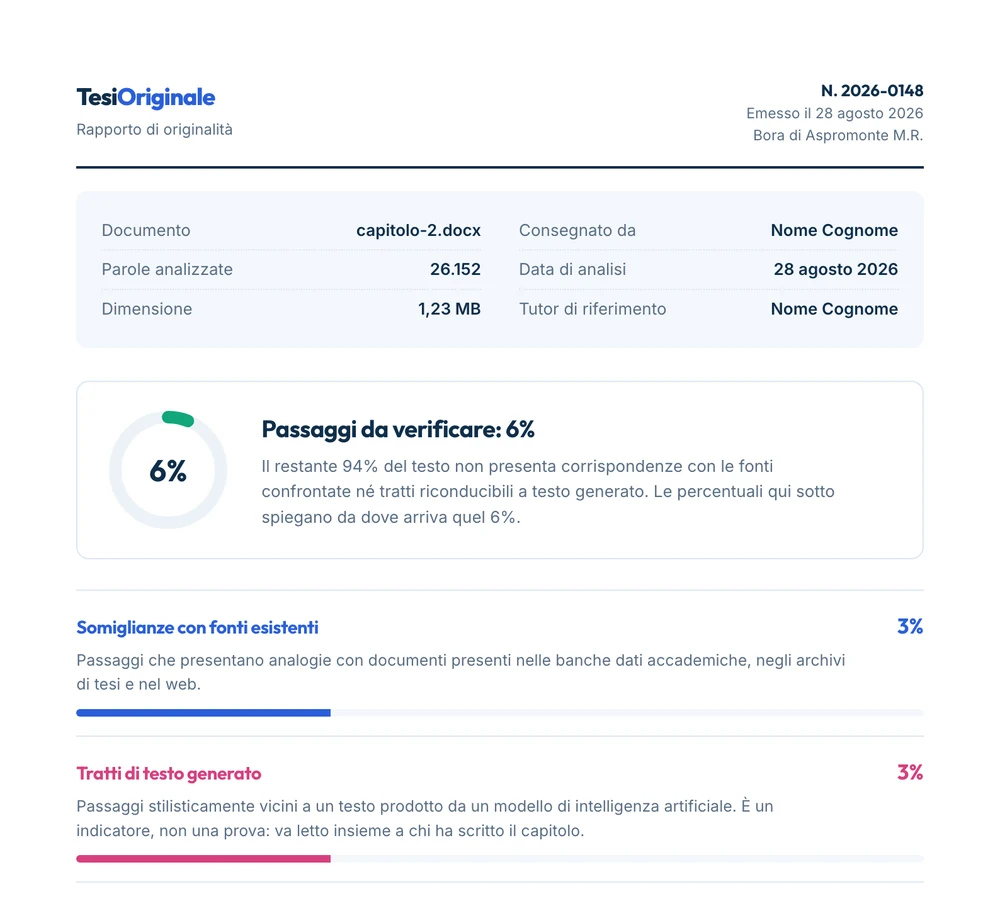 Prima pagina di un rapporto di originalità di Tesi Originale